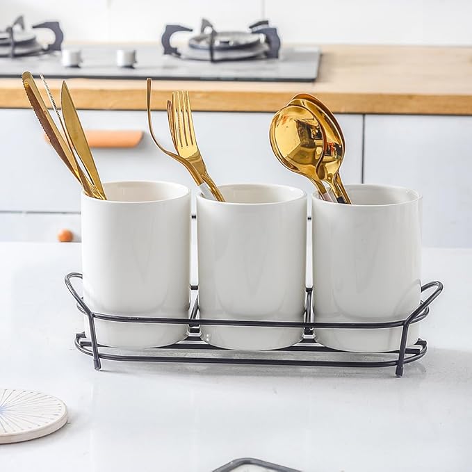 3-Piece White Ceramic Silverware Caddy with Black Metal Rack, Utensil Holder Flatware Caddy Cutlery Storage Organizer for Kitchen Table (White+Black)