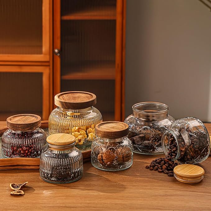Vintage Glass Jar with Solid Wood Lid, 25.4 FL OZ Begonia Pattern Food Storage Jar, Home Kitchen Decorative Storage Cabinet, Oatmeal, Jam, Coffee, Candy, Cookie Jar, Pet Food Jar (Begonia Flower)