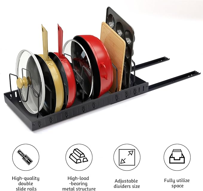 XIAPIA Pull Out Cabinet Organizer, Pots and Pans Organizer under Cabinet with 8 Adjustable Dividers, Pull Out Shelves for Kitchen Cabinets, Pot Lid Organizers inside Cabinet (Black, 2 Pack)