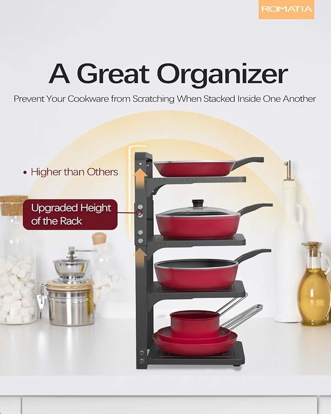 Pot and Pan Organizer Rack for under Cabinet, Heavy Duty Pot Pan Rack under Sink Organizers and Storage, Pot lid organizer, Kitchen Cabinet Organizer with 4 Adjustable Shelves