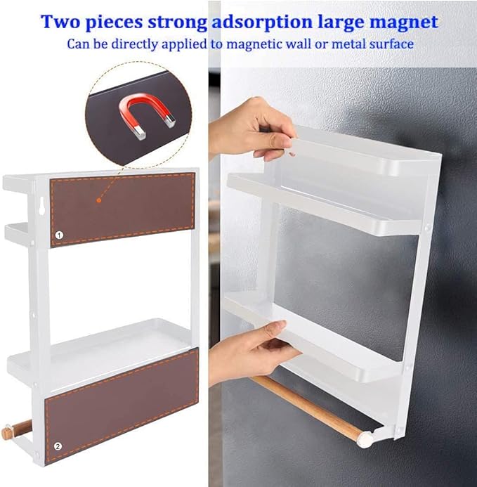 Magnetic Spice Rack for Refrigerator White Magnetic Paper Towel Holder for fridge Magnetic Shelf Magnetic Shelves Fridge Magnet Organizer Spice Rack Kitchen Organization Kitchen Storage