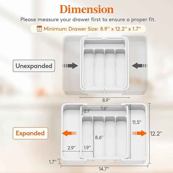 Lifewit Silverware Drawer Organizer, Expandable BPA Free Utensil Tray for Kitchen, Adjustable Flatware and Cutlery Holder for Spoons Forks Knives, Plastic Kitchen Organizers and Storage, White