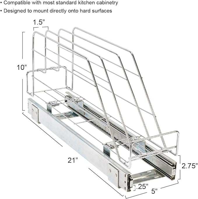 Household Essentials Glidez Multipurpose Chrome-Plated Steel Pull-Out/Slide-Out Storage Organizer for Cookware and Bakeware - Fits Standard Size Cabinet or Shelf, Chrome