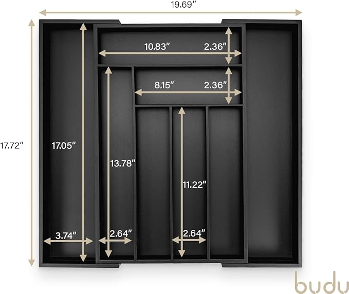 budu Silverware Drawer Organizer #17.7" Depth – Black - Utensil Holder, Kitchen Drawer Organizers for Flatware, Cutlery – Perfect Utensil Organizer for Silverware & Other Kitchen Organization Tools