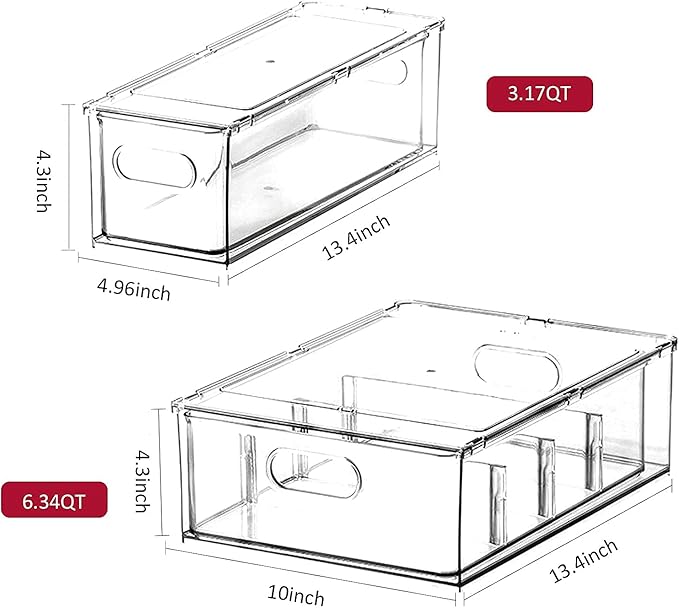 3 Pack Refrigerator Organizer Bins with Pull-out Drawer, Large Stackable Fridge Drawer Organizer Set with Handle, Drawable Clear Storage Cases for Freezer, Cabinet, Kitchen, Pantry Organization