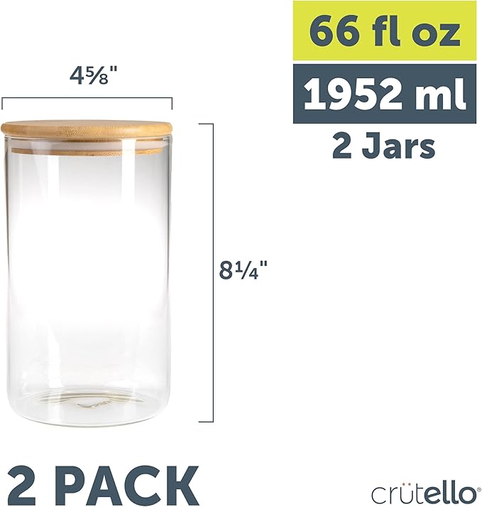 Glass Food Storage Containers with Bamboo Lids, 2 Pack - 66 oz Airtight Clear Kitchen Organization Canisters, Glass Storage Jar With Bamboo Lid