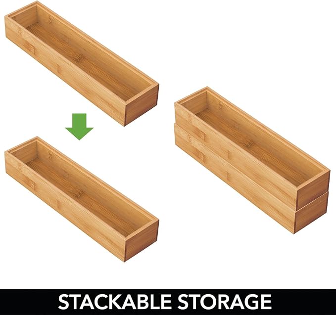 mDesign Drawer Organiser – Rectangular Bamboo Kitchen Drawer Divider – Stackable Drawer Separator for Cutlery and Kitchen Utensils – Set of 4 – Natural