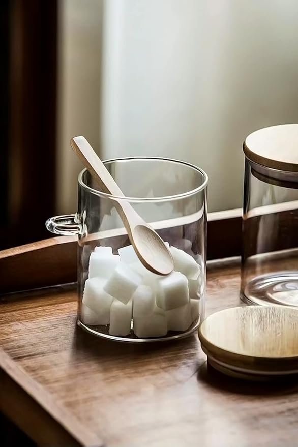 Coffee Sugar Container Salts Jars - 15oz Glass Airtight Caning with Bamboo Lids and Spoons Scoop, Storage Overnight Oats, Spice, Creamer, Food Organizer, Set of 3