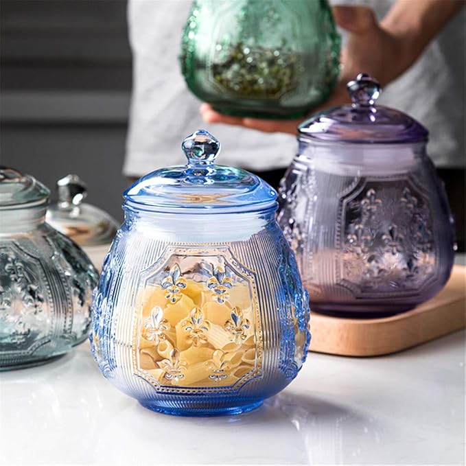 Vintage Blue Relief Glass Candy Dish With Airtight Lid For Food Storage,Candy Jars With Lids,Kitchen glass Airtight container Jars For Cookie Cereal Nuts Candy Cookies Coffee Tea,Household,Office,Gift
