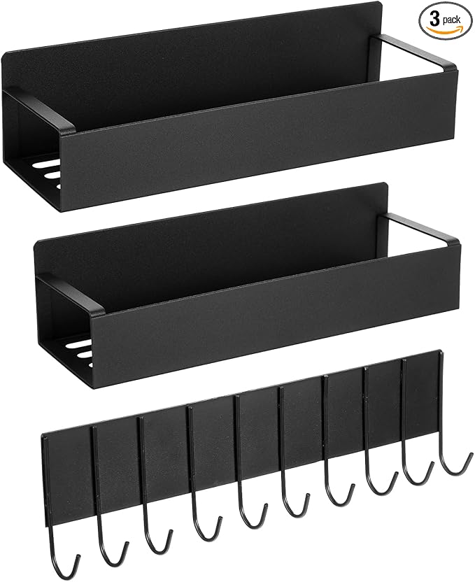 MAQUITA Magnetic Spice Rack for Refrigerator,Spice Organizer Magnetic Shelf for Fridge Side,Magnetic Storage Shelves for Kitchen,Small Kitchen Storage Rack with Magnetic Hooks Rack(3 Pack)