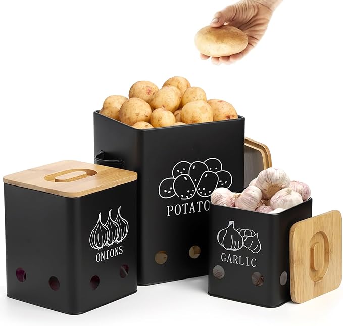 WUWEOT 3 Pack Vegetable Storage Tins, Potato Onion Garlic Storage Canister, Black Metal Vegetable Fresh Keeper Caddy, Kitchen Pantry Organizer Jars with Bamboo Lid and Aerating Holes