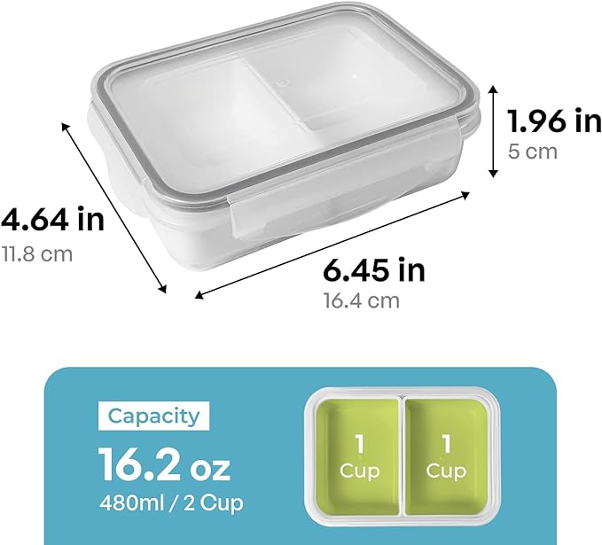 carrotez Food Storage Containers with 2 Removable Compartments, Snack Containers with Airtight Lids, Portion Control Container, Reusable, BPA Free, 2 Cup (480ml)