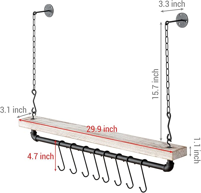 MyGift 30 Inch Ceiling or Wall Mounted Pot Rack with Shabby White Washed Solid Wood Shelf and Industrial Matte Black Metal Pipe, Hanging Cookware Utensils Organizer with 8 S-Hooks