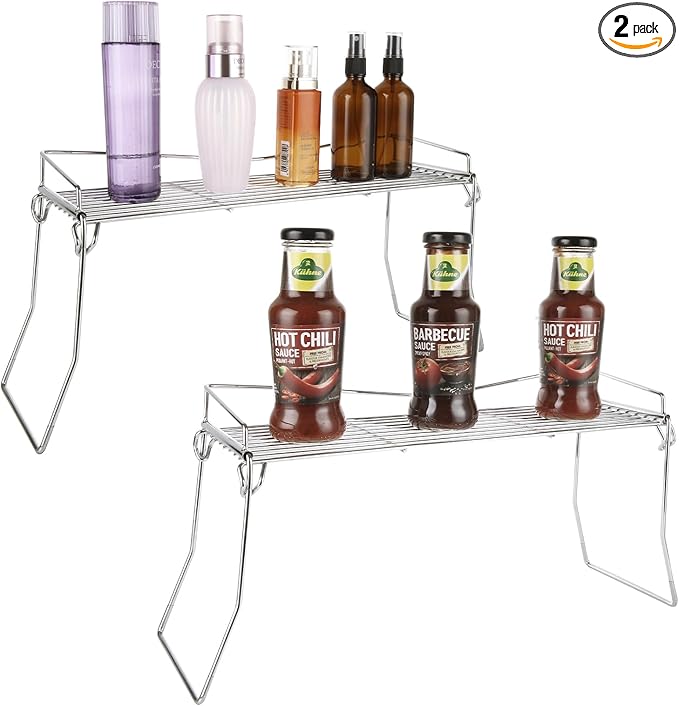 CYEAH 2 Pcs Metal The Sink Vanity Organizer, Metal Over The Sink Organizer Shelf Rack, Foldable Pantry Shelf, Spice Rack for Cabinet, Under Sink Countertop Organization Storage Space Save