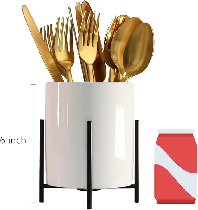 2pcs Cutlery Holder White Ceramic With Black Matte Bracket Robust Silverware Caddy For Store Forks, Knives, Spoons, Napkins, Medium