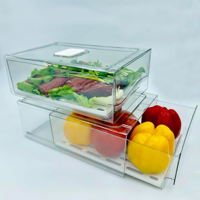 Refrigerator Organizers and Storage Drawer, Stackable Fruit Storage Containers for Fridge, Reusable Fridge Organizer fit for Kitchen Refrigerator and Restaurant Freezer (2 Drawers, Large)