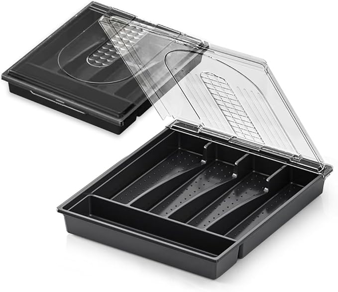 Kitchen Utensil Organizer Holder for Countertop with Removable Lid, Plastic 13 Inch Silverware Tray for Drawer,5 Compartments/Slots Total Flatware Organizer,Portable Cutlery Knives,Forks,Spoons Black