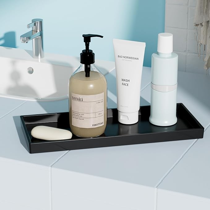 Vanity and Bathroom Tray, 11.8" ABS Countertop Organizer,Waterproof Vanity Tray for Toilet Tank,Perfume,Soap,Keys,Bathroom Accessories,Kitchen and Bath Trays,Non Slip Small Trays,Black,2 Pack