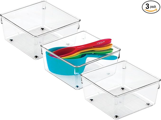 iDesign Plastic Drawer Organizer Bins - Storage for Kitchen, Bathroom, and Desk Drawers - Set of 3 - Clear