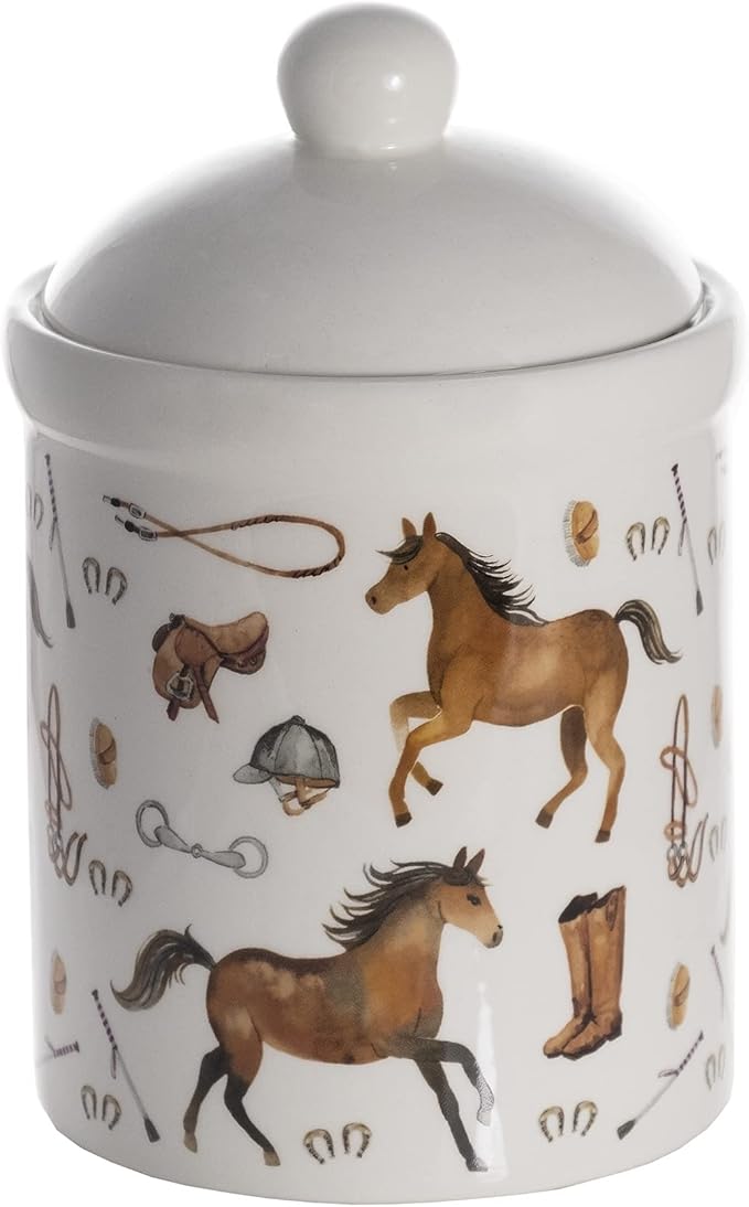 SPOTTED DOG GIFT COMPANY Ceramic Food Storage Jar with Lid, Decorative Kitchen Canister for Coffee Tea Sugar, Novelty Treat Container, Equestrian Themed Gifts for Pony Horse Lovers 30oz