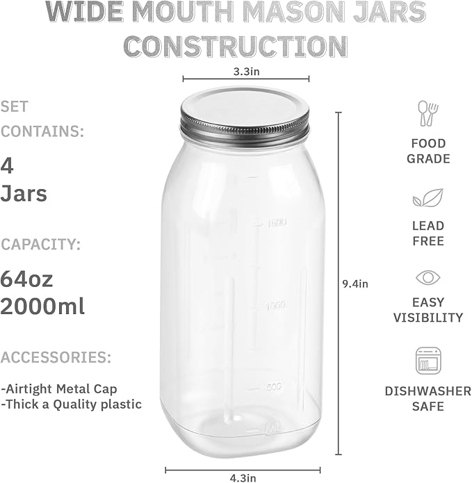 novelinks 4 Pack 64 OZ Plastic Wide Mouth Mason Jars with Airtight Lids - Wide Mouth Half Gallon Large Mason Jar 64 OZ Storage Canning Jar for Kitchen & Household Storage (Silver)