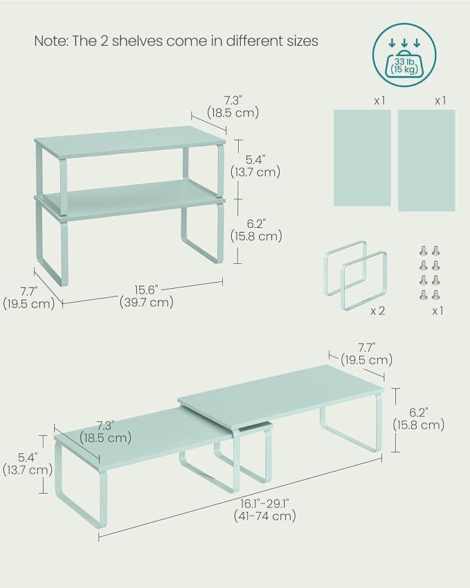 SONGMICS Cabinet Organizer Shelf, Set of 2 Kitchen Counter Shelves, Kitchen Storage, Spice Rack, Stackable, Expandable, Metal and Engineered Wood, Moonlight Green UKCS200C01
