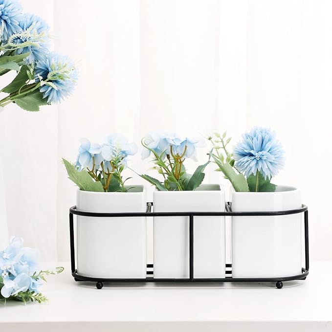 3 Piece Porcelain Flatware Holder Caddy with Metal Rack, Utensil Holder Caddy For Spoons, Knives and Forks Cutlery Organizer