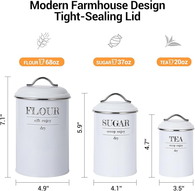 GarveeHome 3 Pcs Flour Sugar Tea Canister Set, Vintage Food Sealed Storage Jars with Airtight Lids, Rustic Metal Kitchen Canisters Set for Flour, Sugar, Tea, for Countertop Farmhouse Decor, White