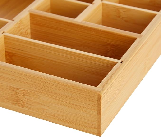 Juvale Bamboo Drawer Organizer Tray with 8 Adjustable Dividers for Kitchen Utensils, Cutlery (14 x 10 x 2 In)