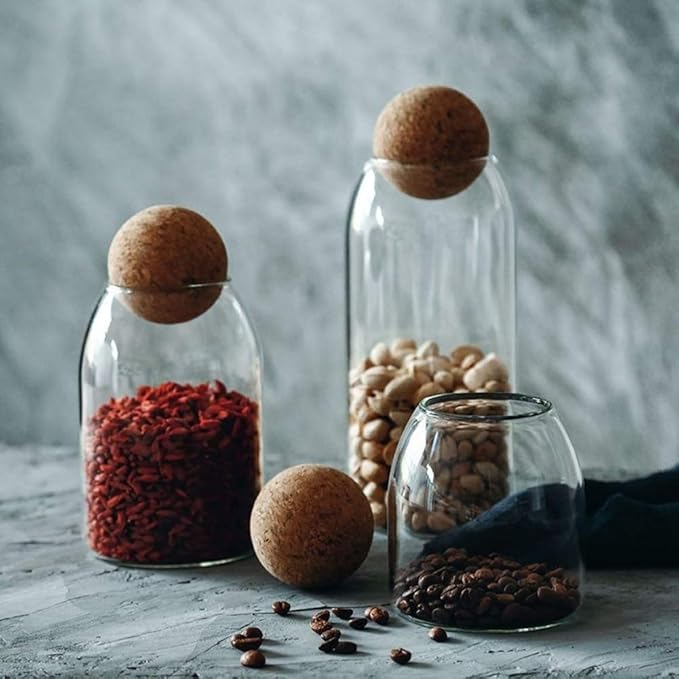 1200ML/40Oz Clear Glass Storage Cute Canister Holder Ball Wood Cork Top, Modern Decorative Cylinder Container Jar with Round Lid for Coffee, Spice, Candy, Salt, Cookie Cool Terrarium Bottle