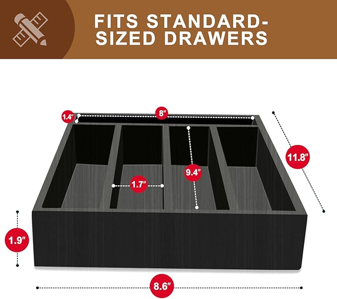 Small Kitchen Utensils Drawer Organizers Black Wooden Cutlery Tray Flatware Silverware Organizer Divider Storage Narrow Wood Silverware Utensil Tray Bamboo Cutlery Fork Spoon Holder for Drawer