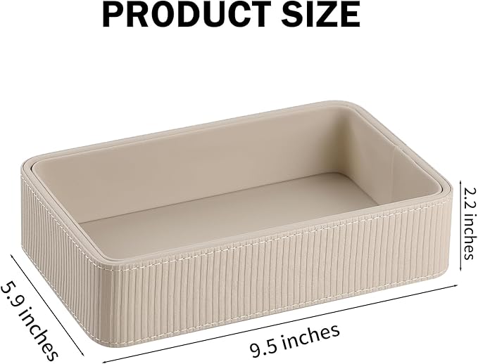 PU Leather Valet Tray Organizer, Small Nightstand Organizer Bedside Desktop Storage for Womens and Men, Perfume Trinket Catchall Vanity Tray for Key Watch Wallet (Beige, Rectangular)
