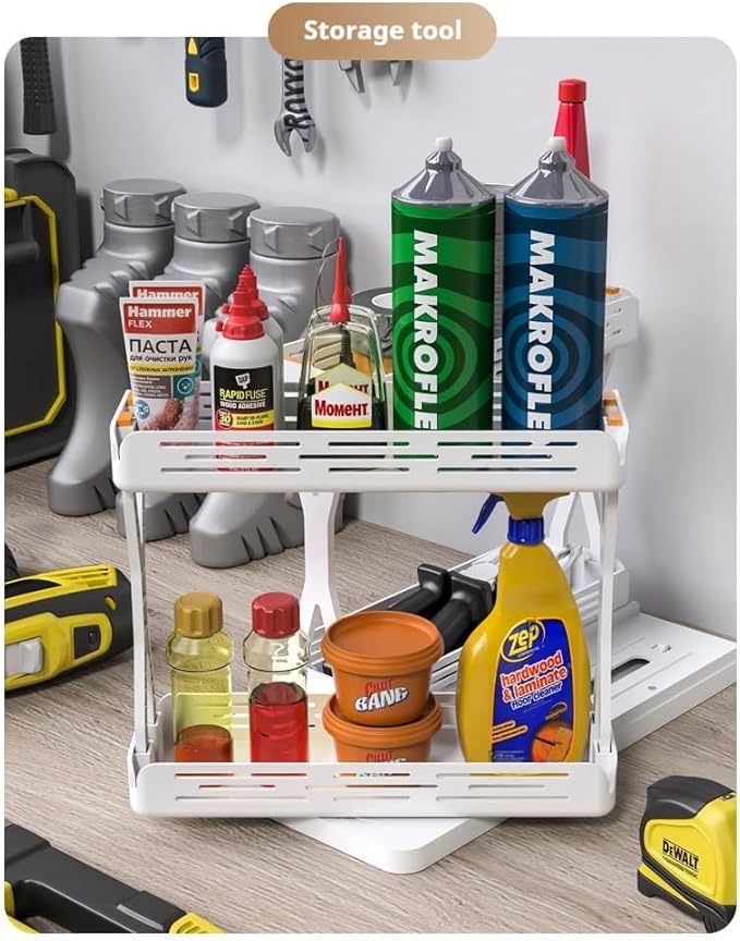 Set of 2 Sliding Spice Rack Organizers - Pull & Rotate Seasoning Storage for Cabinets, Slide-Out 2-Tier Kitchen Shelves with Non-Slip Base (11.8"" D x 6.5"" W x 8.5"" H), General, White