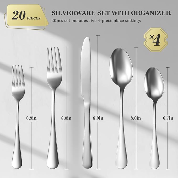 20-Piece Silverware Set with Organizer,Heavy Duty Stainless Steel Flatware Cutlery Tableware Set for 4,Includes 5-Compartment Silverware Tray with Cutlery Icons,First Apartment Kitchen Essentials