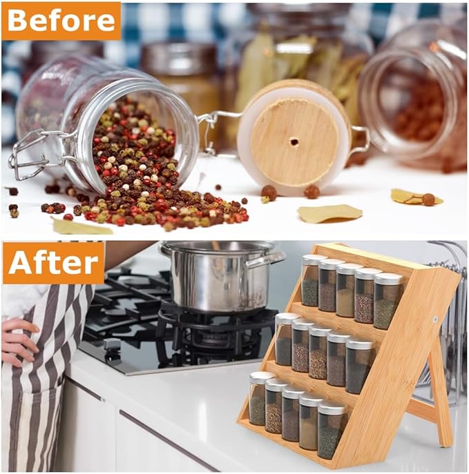 Bamboo Spice Rack Organizer for Kitchen Counter, 3 Tier Foldable Spice Shelf for Cabinet or Drawer (Jars Not Included)