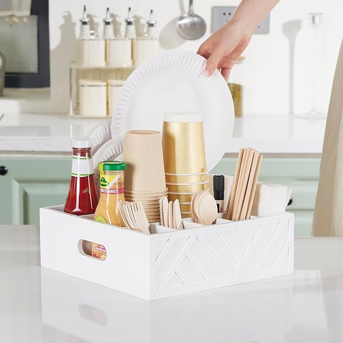 Utensil Holder for Party-Paper Plate Organizer for Countertop, Rustic Wood Silverware Caddy with 7 Compartments for Plate, Cup, Fork, Spoonpicnic Caddy for Plates and Utensils-White