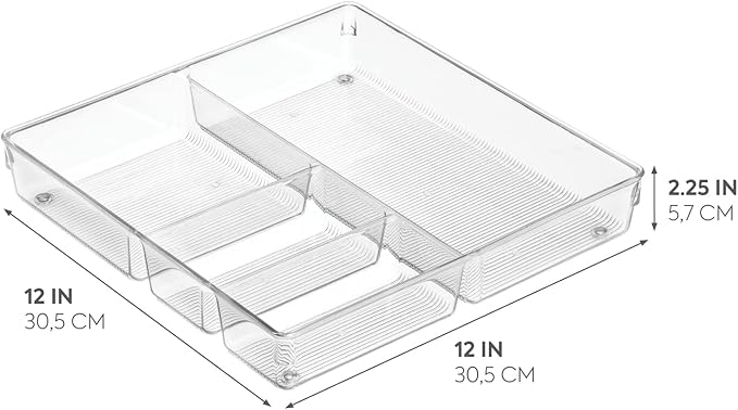 iDesign Linus Kitchen Drawer Organizer for Silverware, Spatulas, Gadgets - 12" x 12" x 2", Clear