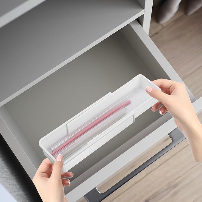 BOXOB Expandable Straw Organizer, Multi-Functional Plastic Straw Holder Long Straw Drawer Storage Reusable Straw Container for Cabinet Kitchen Home (White)