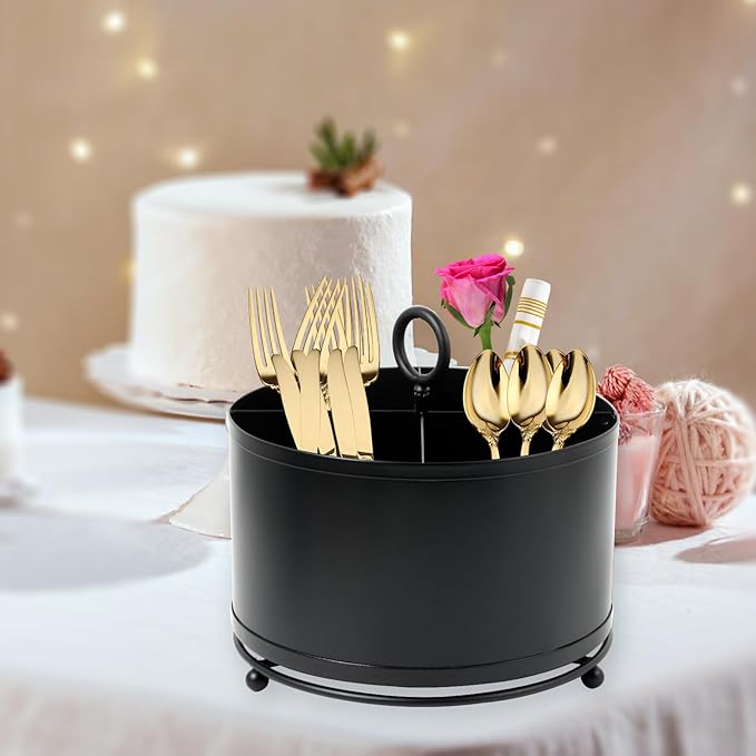 360°Rotating Silverware Caddy,Countertop Silverware Holder,Round Cutlery Caddy Fork Spoon Knife Utensil Organizer Plastic Flatware Holder for Parties Desk Organizer Caddy Pen Pencil Holder -Black