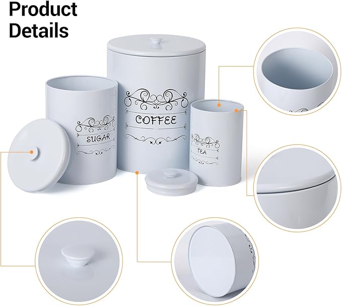 Country White Canisters Set of 3, Rustic Farmhouse Metal Containers with Airtight Lids, Kitchen Storage Canisters for Coffee, Sugar, Tea for Kitchen, Pantry Countertop