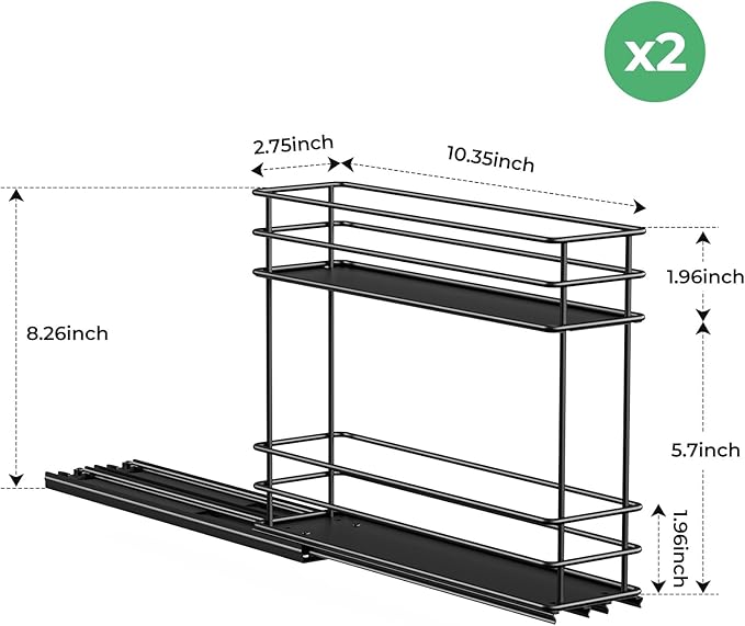 Pull Out Spice Rack Organizer for Cabinet, Slide Out Spice Racks, Easy to Install Spice Cabinet Organizers, 2.75''Wx10.35''Dx8.26''H, 2 Drawer 2 Tiers(Black
