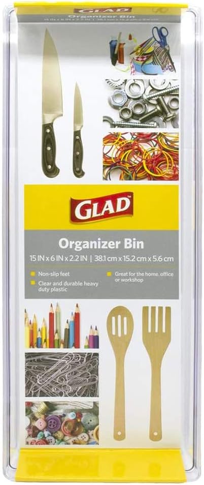 Glad Plastic Drawer Storage Tray – Heavy Duty Organizer Bin for Home, Kitchen, Bath, Bedroom, Office | Non-Slip Feet, 15x6, Clear