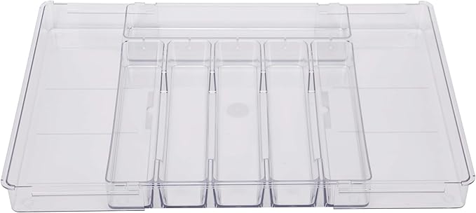 Expandable Kitchen Drawer Organizer - Clear Acrylic Adjustable Silverware Organizer - Utensil Holder and Cutlery Tray with Grooved Drawer Dividers for Flatware (Clear-8 Compartments)