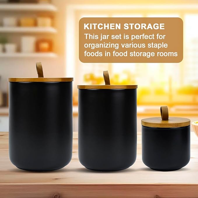 Set of 3 Airtight Ceramic Kitchen Canisters with Bamboo Lids, Food Storage Jars for Flour, Sugar, Coffee, Tea Pantry Organization, Dishwasher Safe