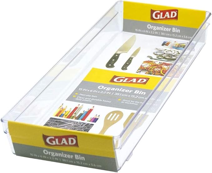 Glad Plastic Drawer Storage Tray – Heavy Duty Organizer Bin for Home, Kitchen, Bath, Bedroom, Office | Non-Slip Feet, 15x6, Clear