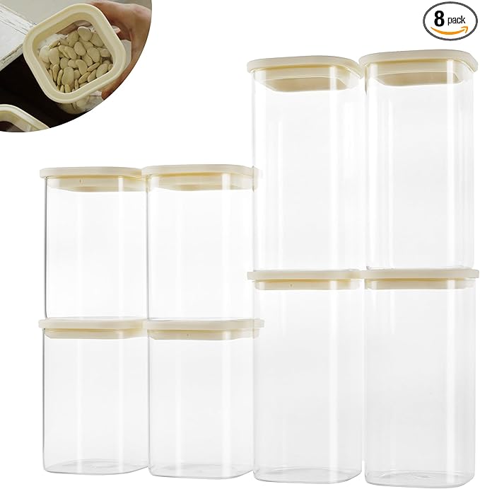 8pcs Square Pantry Glass Jars with Clear Airtight Lids Kitchen Canisters Sets for Flour, Sugar Refrigerator Safe, Available in 2 Sizes: 40oz / 54 oz