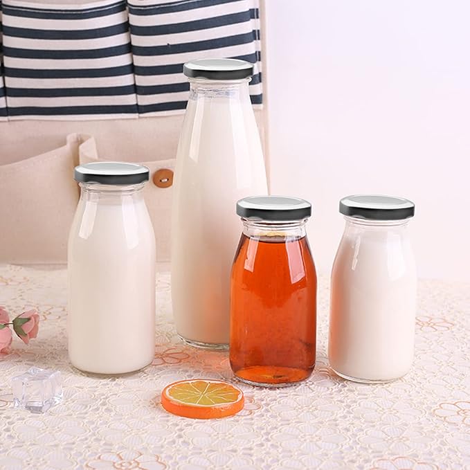 QAPPDA 12 oz Glass Bottles, Clear Glass Milk Bottles with Silver Metal Lids, Vintage Breakfast Shake Clear Container, Vintage Drinking Bottle with Whiteboard Labels and Pen for Party,Kids,Set of 20