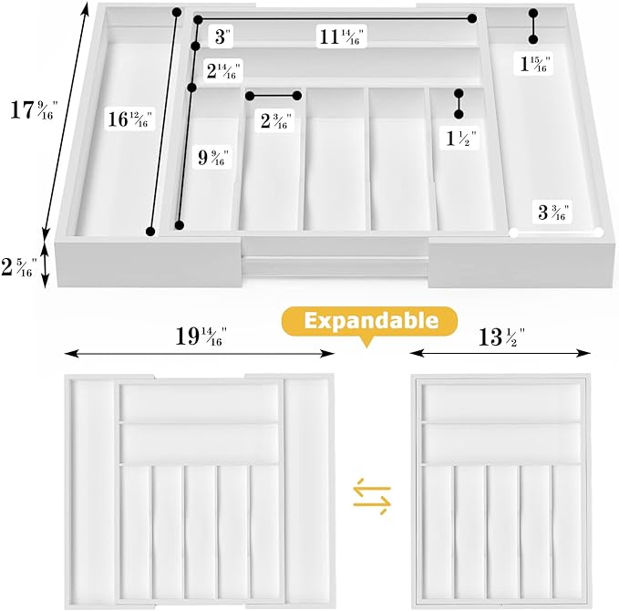 Utensil Organizer Silverware Drawer Organizer - Adjustable Utensil Tray Bamboo Silverware Divider with Groove for Kitchen Flatware, Hair Accessories, Repair Tools, Art Set W13.5"-19.9" x L17.6"(White)