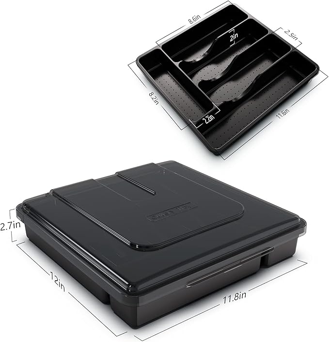 Silverware Organizer with Lid for Drawer, Plastic Utensil Holder for Countertop, Flatware Organizer Cutlery Tray with Cover 5 Compartments (Black)