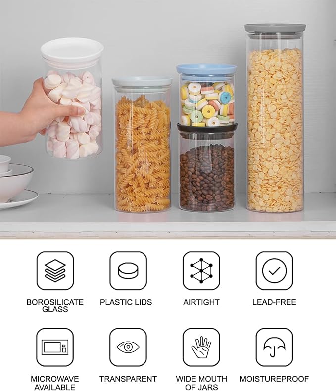 Glass Food Storage Jars with Plastic Lid Set of 5- Jars for Spaghetti Pasta, Cookie, Rice, Flour, Nuts